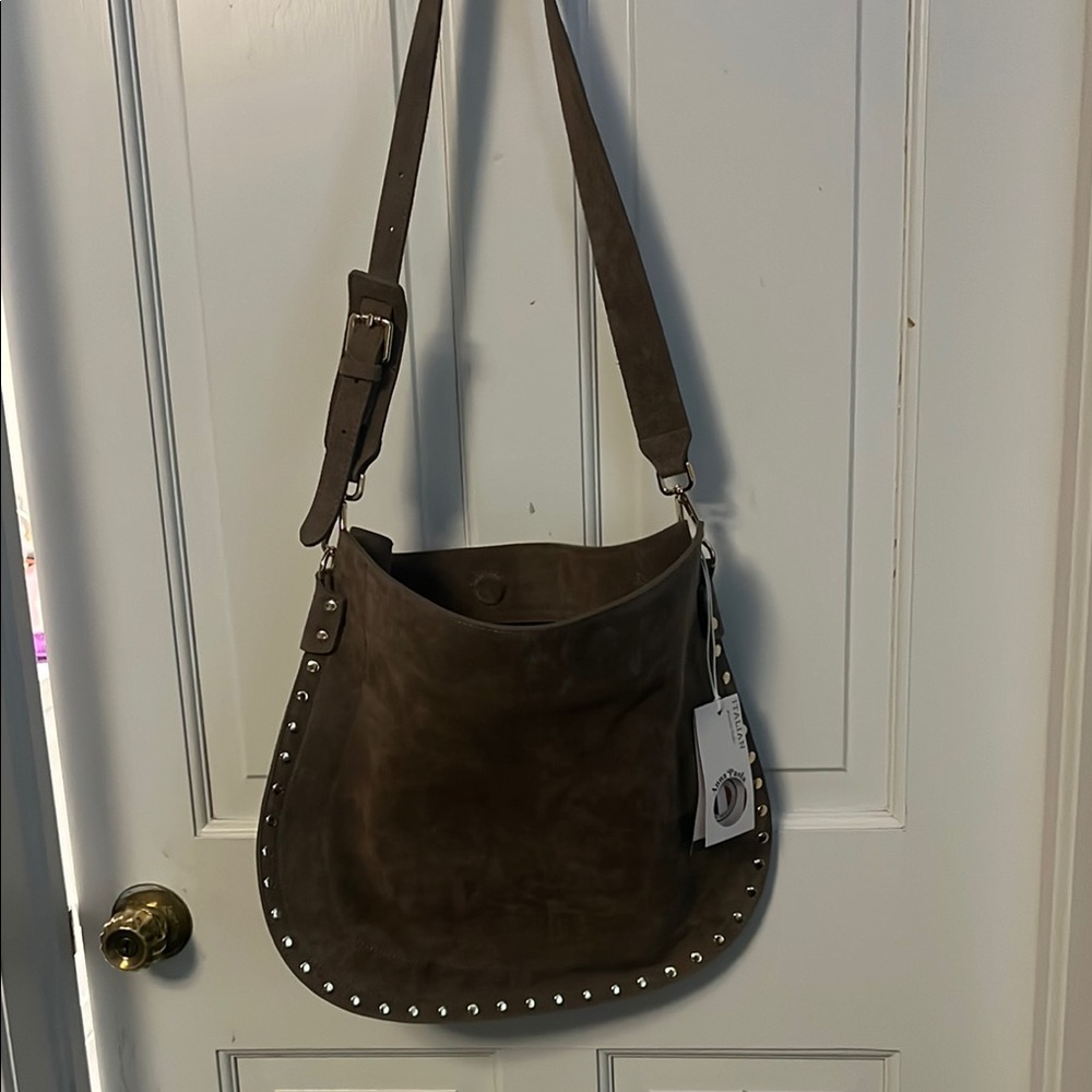 Tan Suede Shoulder Bag with Studded Details